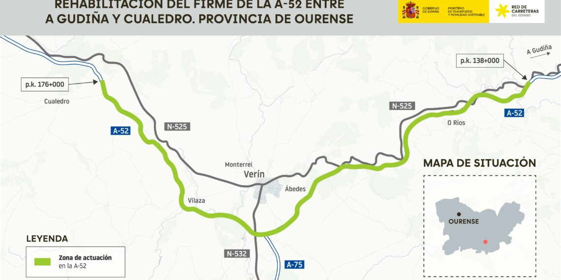 Adjudicada por 14,9 millones de euros la rehabilitación de 38 km de firme en la A-52 entre A Gudiña y Cualedro