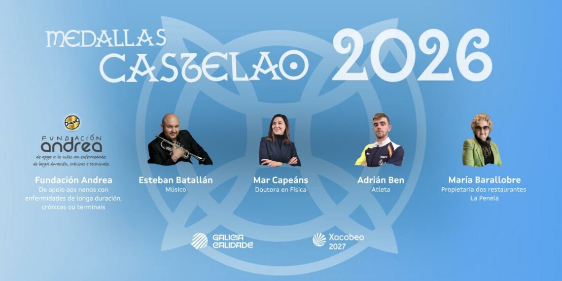 Medallas Castelao 2026 a la Fundación Andrea, Esteban Batallán, Mar Capeáns, Adrián Ben y María Barallobre