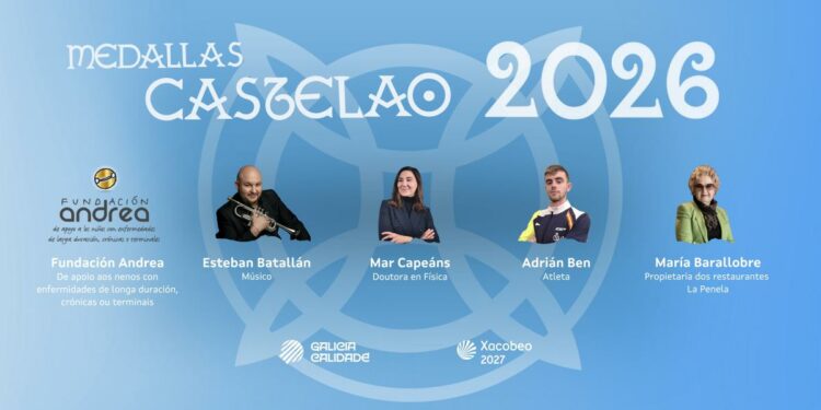 Medallas Castelao 2026 a la Fundación Andrea, Esteban Batallán, Mar Capeáns, Adrián Ben y María Barallobre