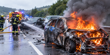 Accidente en la AG-55 en Arteixo: cuatro coches implicados y dos heridos tras incendiarse uno de los vehículos