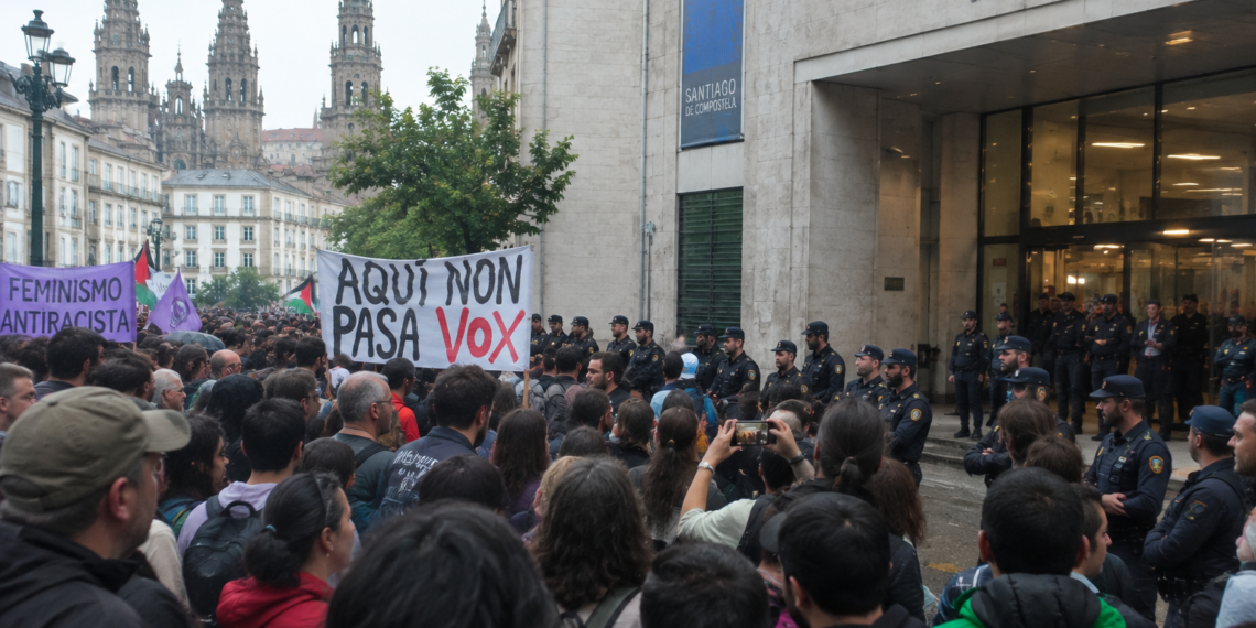 Boicot a Vox en Santiago: cientos de personas bloquean un acto con Jorge Buxadé
