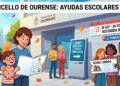 Infografía del Ayuntamiento de Ourense sobre la lista definitiva de ayudas escolares, fechas de recogida del bono de libros y consulta en calle Primavera.