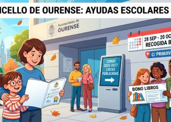 Infografía del Ayuntamiento de Ourense sobre la lista definitiva de ayudas escolares, fechas de recogida del bono de libros y consulta en calle Primavera.