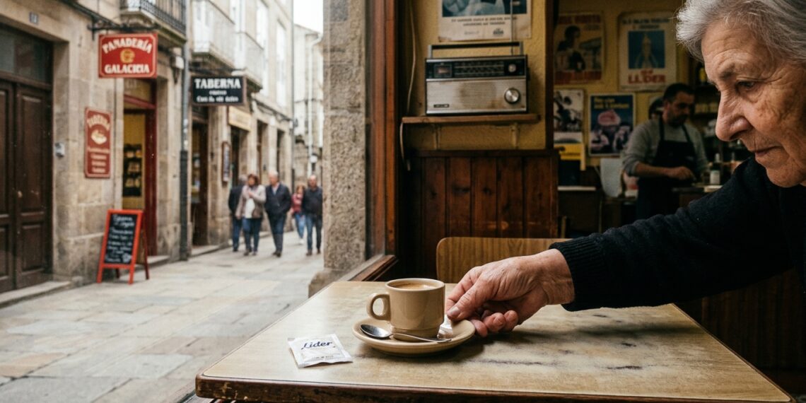 Persona mayor en una cafetería tradicional gallega mirando a través del ventanal hacia una calle histórica.