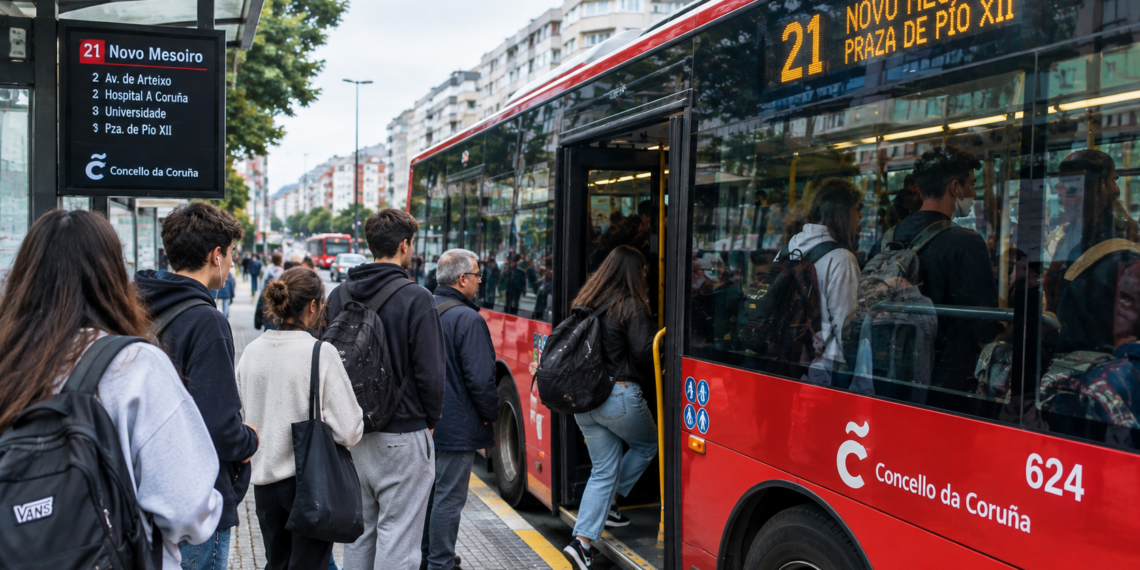 Usuarios esperan para subir a un autobús urbano de A Coruña.