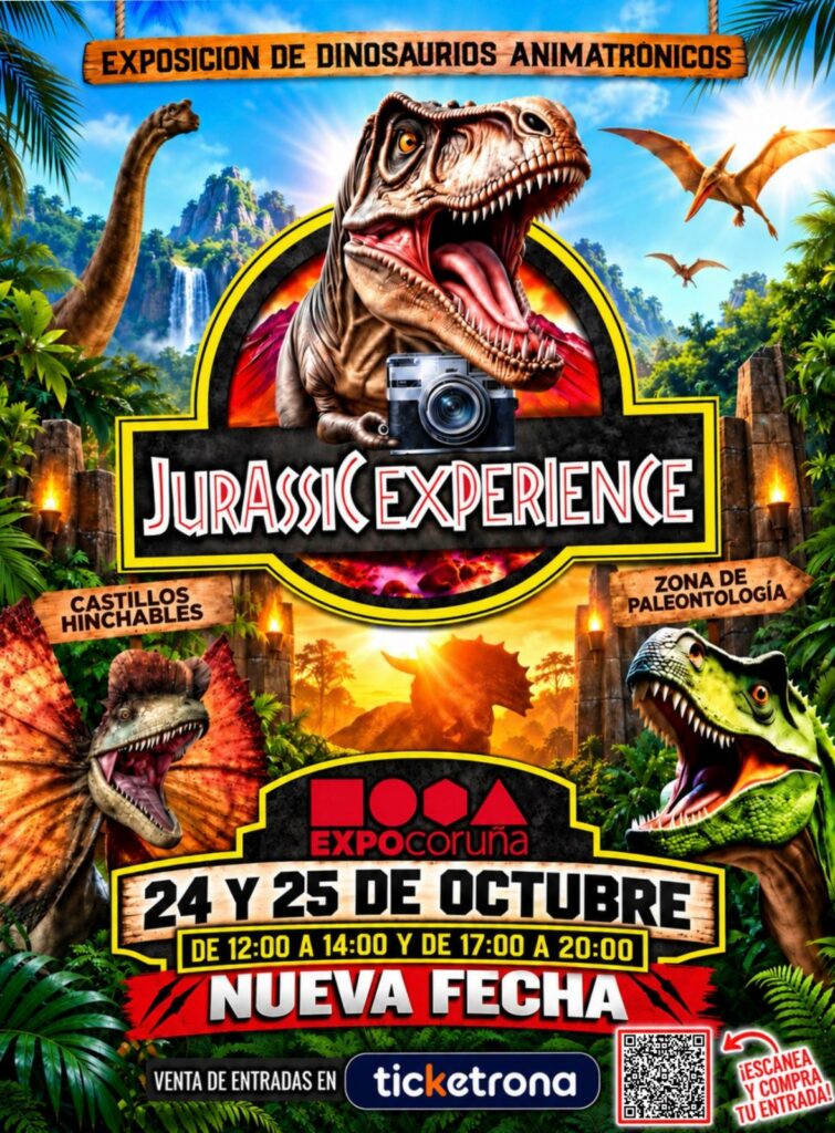 Cartel de Jurassic Experience con dinosaurios animatrónicos, castillos hinchables y zona de paleontología en ExpoCoruña.