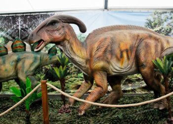 Cartel de Jurassic Experience con dinosaurios animatrónicos, castillos hinchables y zona de paleontología en ExpoCoruña.