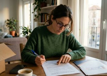 Una persona joven en un piso pequeño, consultando documentación de alquiler o mirando anuncios de vivienda