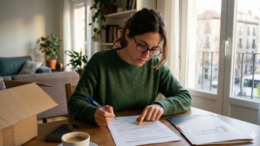 Una persona joven en un piso pequeño, consultando documentación de alquiler o mirando anuncios de vivienda